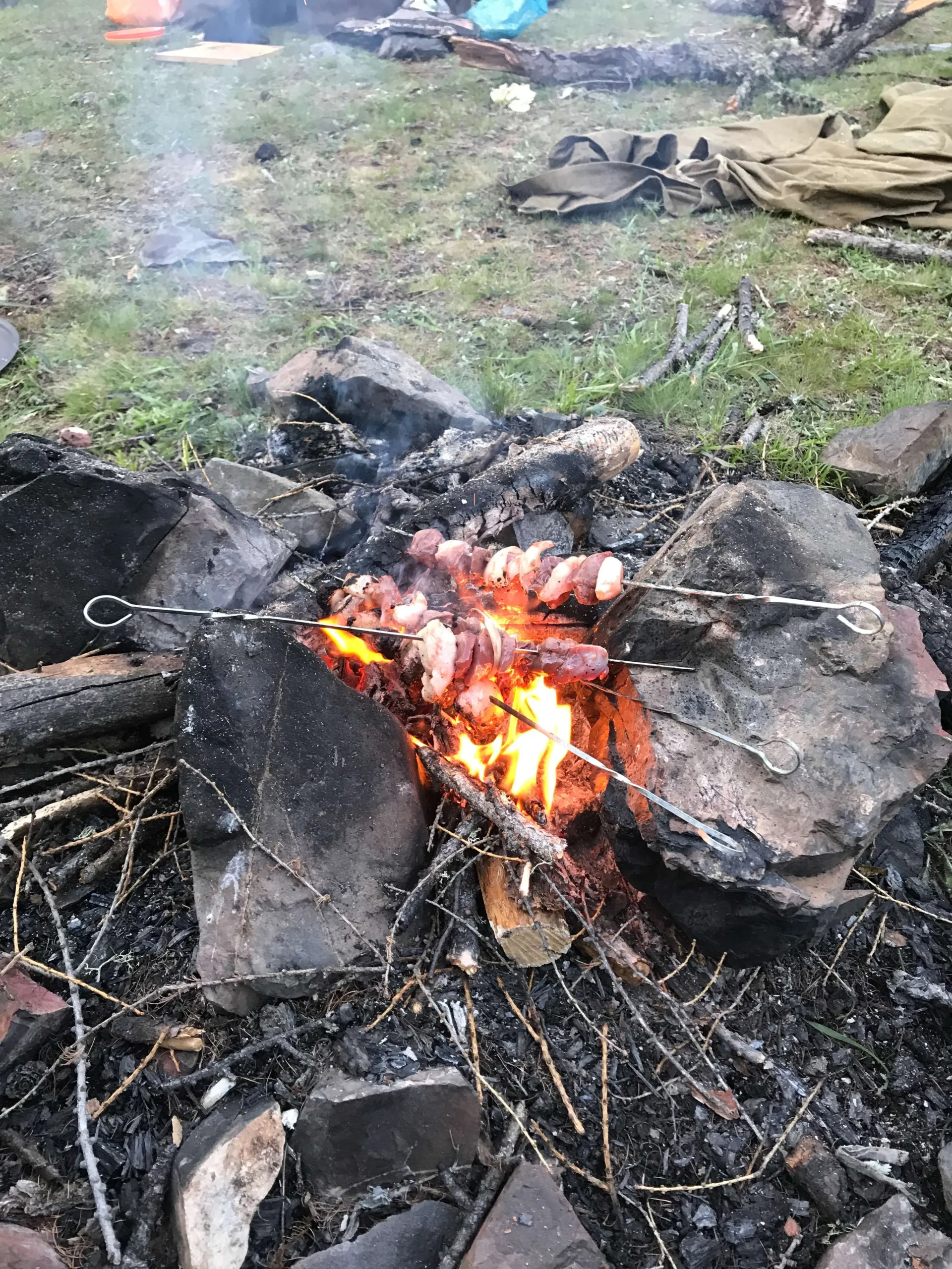 Skewers on campfire
