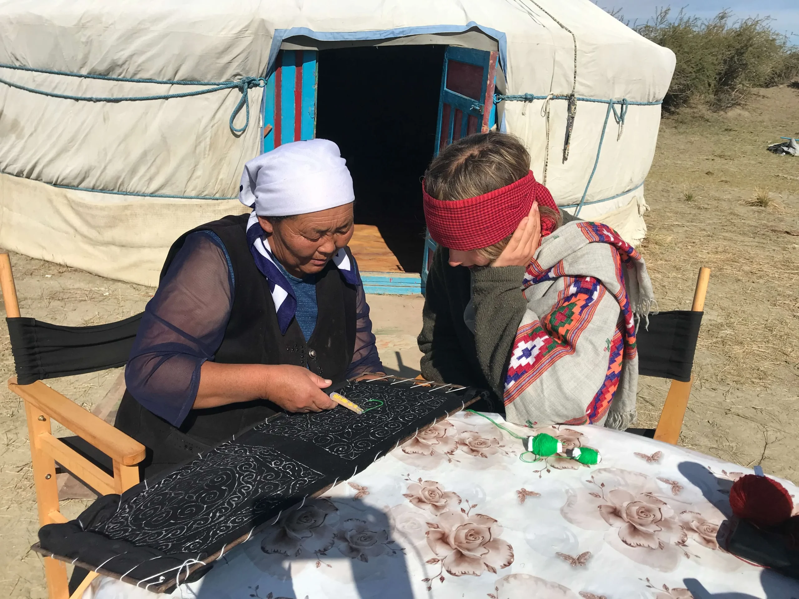 Kazakh hand embroidery, master and student