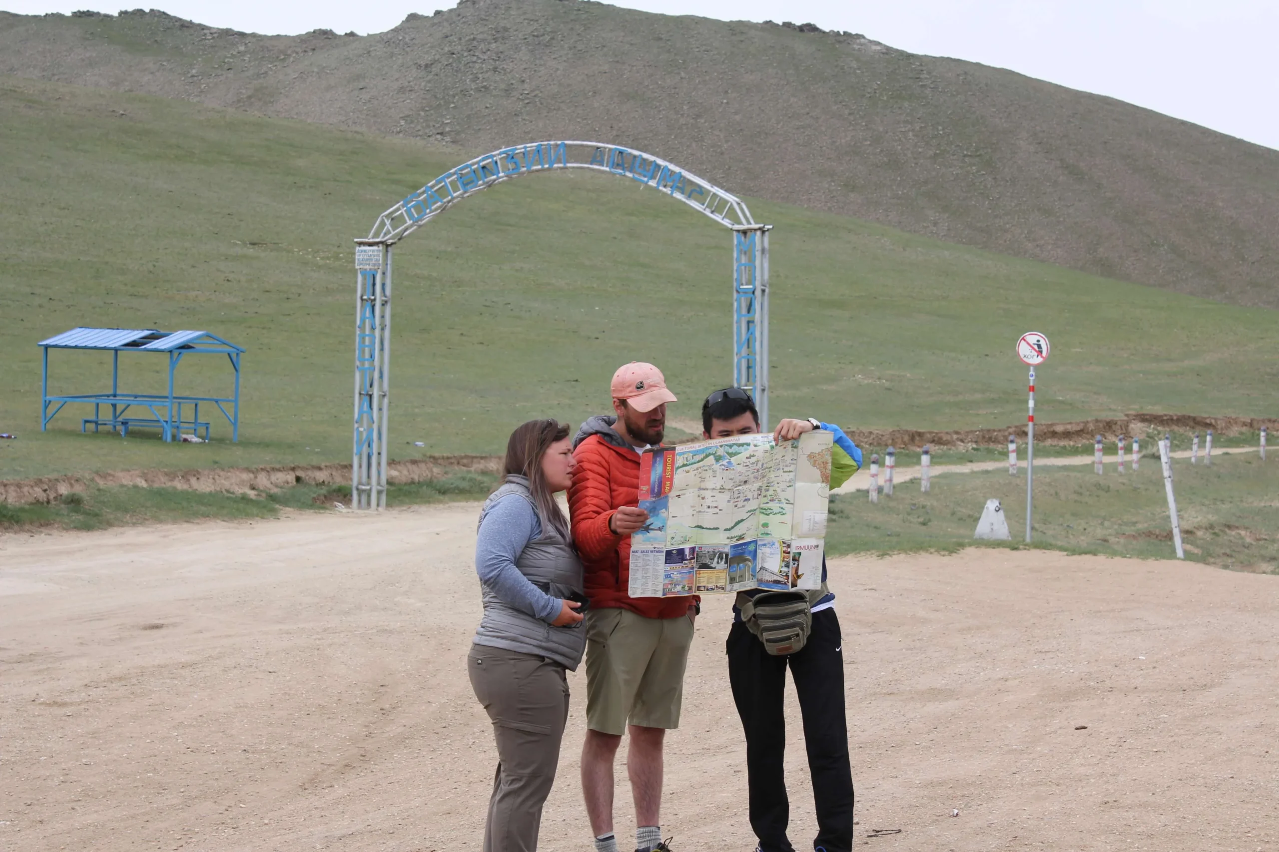 Demonstrating and showing the upcoming destinations to Abby and Scott